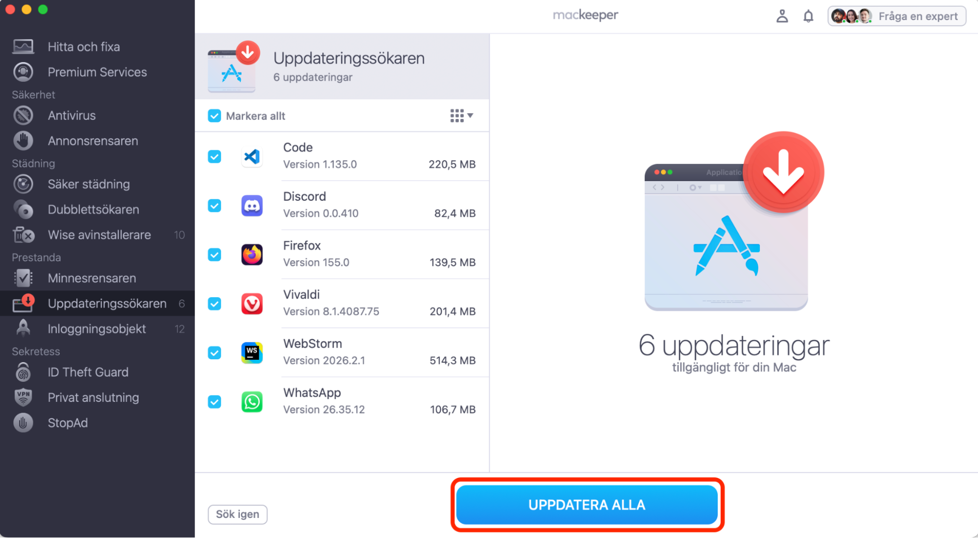 Knappen Uppdatera alla syns markerad med en röd ruta. Knappen fungerar som ett bekräftelsesteg för att genomföra alla uppdateringar samtidigt.