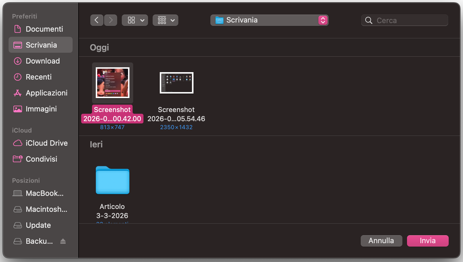 Bluetooth File Exchange su Mac mostra l’esplora file. Seleziona il file da inviare, poi fai clic su Invia per trasferire file da Mac a Mac tramite Condivisione Bluetooth.