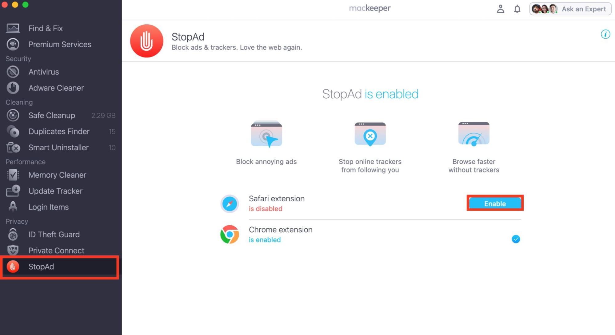 MacKeeper is open on a MacBook Pro. Click on StopAd and select Enable, regardless of whether you allow Safari to access the camera on Mac or not.