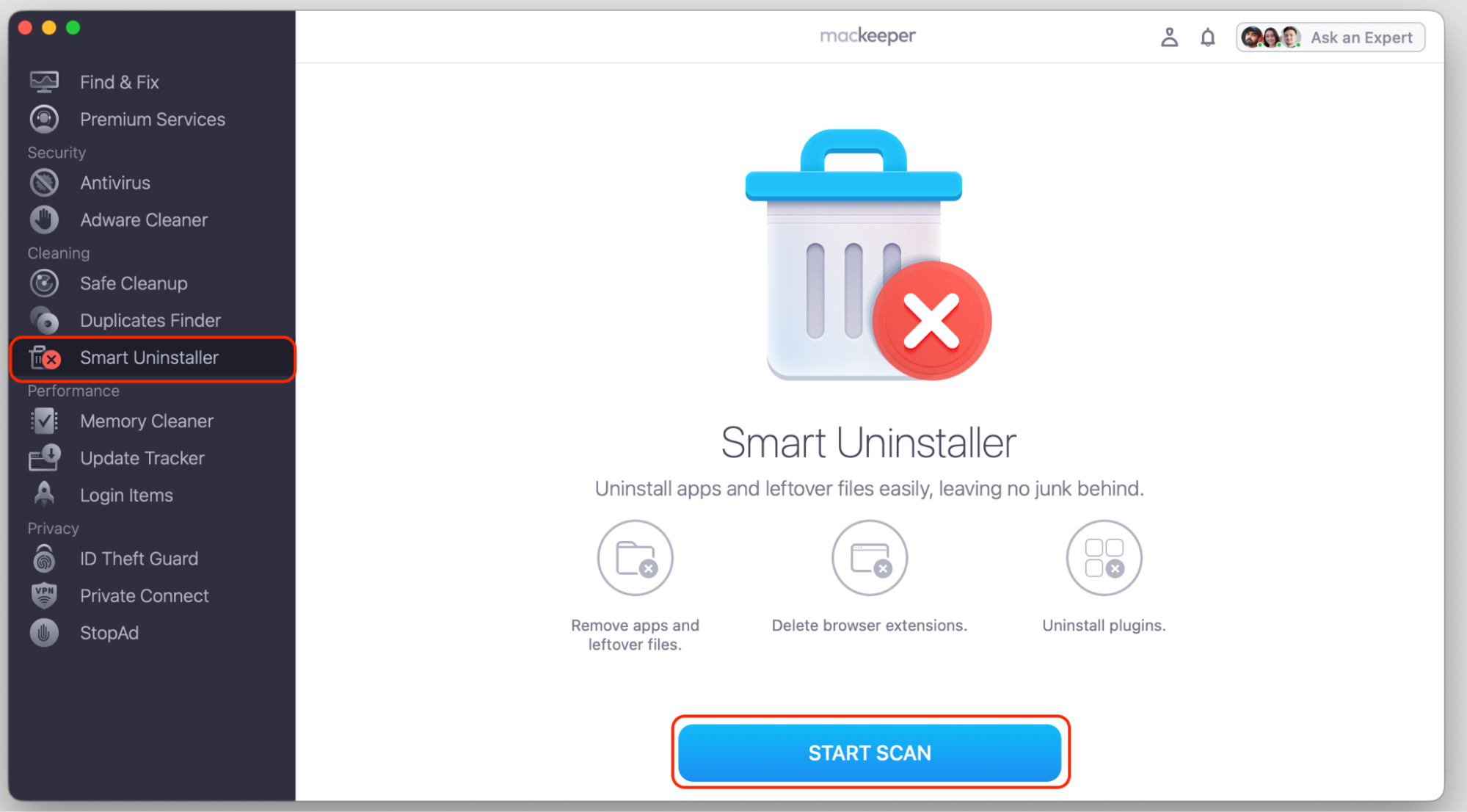 MacKeeper app open on a MacBook with Smart Uninstaller selected in the left menu and the Start Scan button ready to detect Chromium.