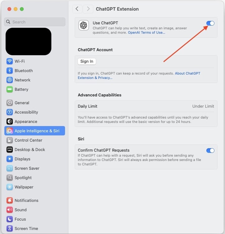 Open System Settings on your Mac, click Apple Intelligence & Siri, then under Extensions click ChatGPT and Set Up to enable the integration with Siri.