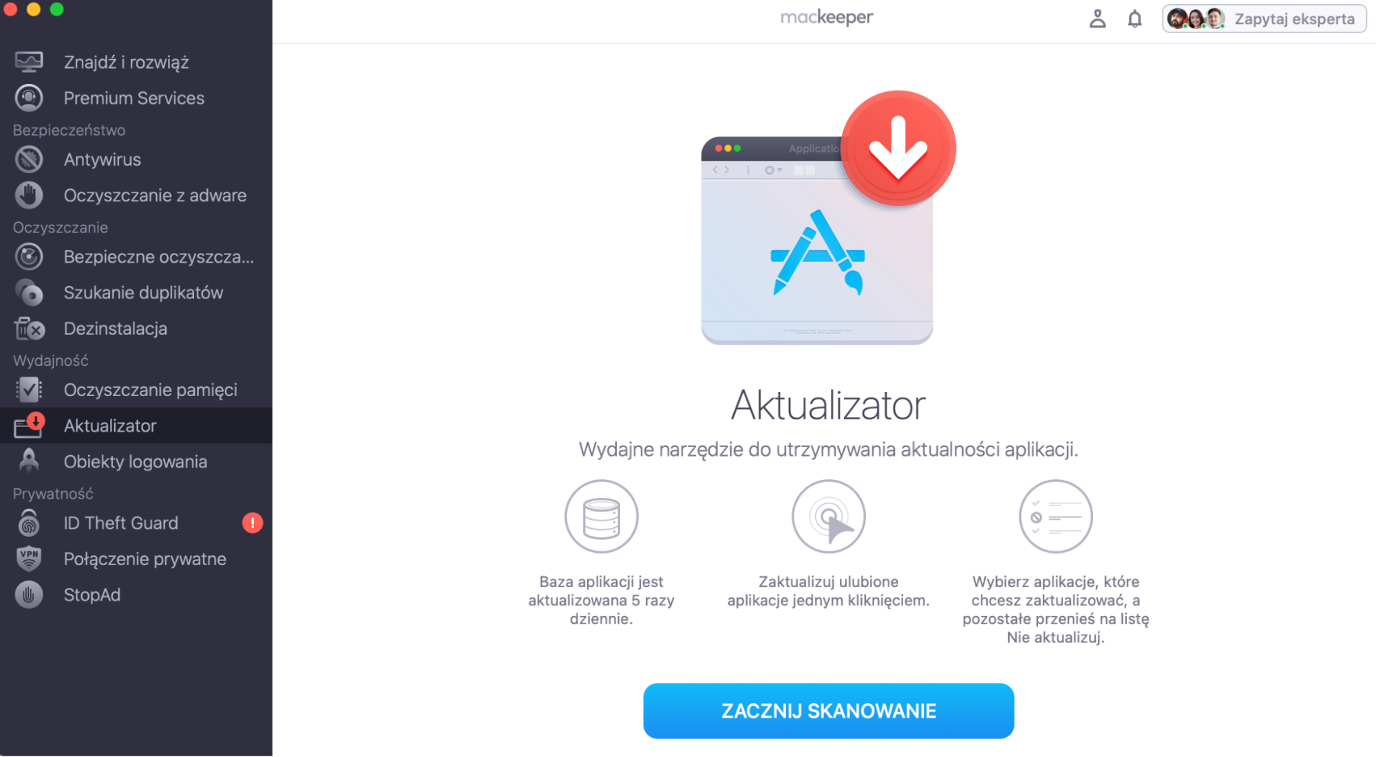 Aby zaktualizować aplikacje na Macu, uruchom MacKeeper i wybierz Aktualizator z panelu bocznego, a następnie kliknij Zacznij skanowanie