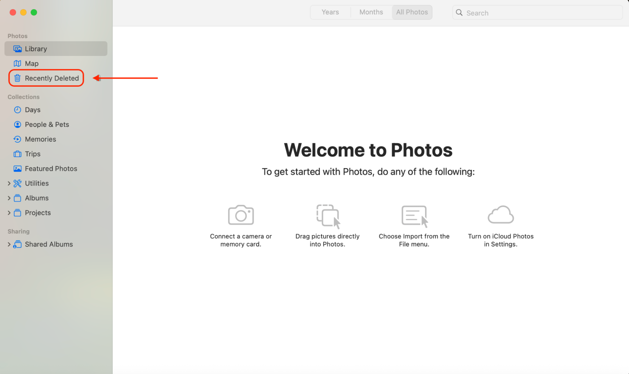 Open Recently Deleted in the sidebar of the Photos app, review the items, and click Delete All to permanently erase them.