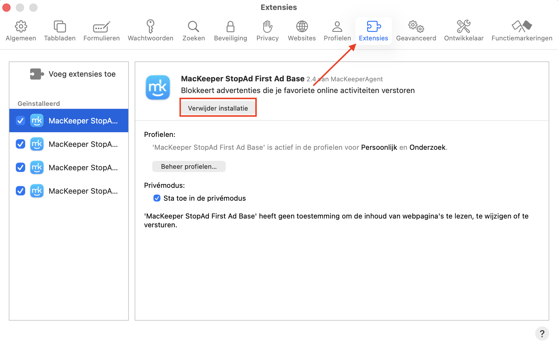 Het menu Extensies in Safari-instellingen op Mac.Selecteer een niet-herkende extensie die je wilt verwijderen en klik vervolgens op Verwijderen.