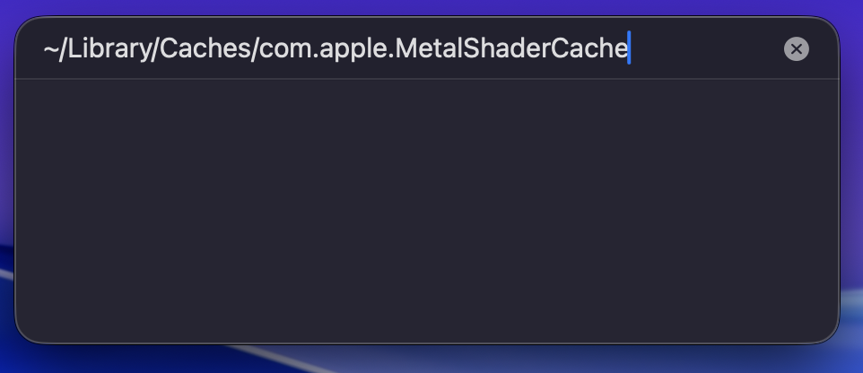 The Go to Folder search bar in macOS Finder shows the path ~/Library/Caches/com.apple.MetalShaderCache pasted inside it.