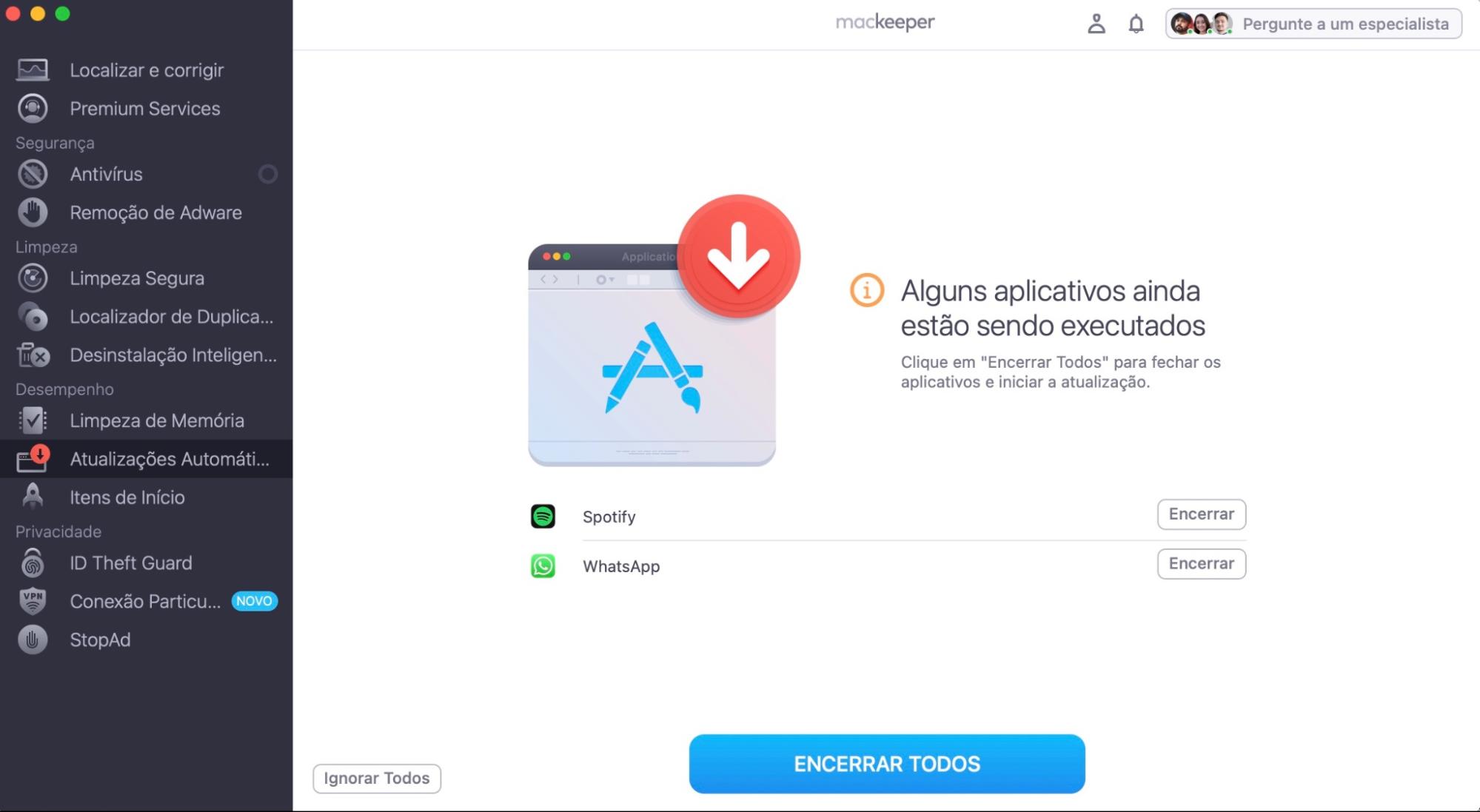 Se algum dos aplicativos que você está tentando atualizar estiver aberto, será necessário fechá-los primeiro. As Atualizações Automáticas do MacKeeper podem fazer isso por você.