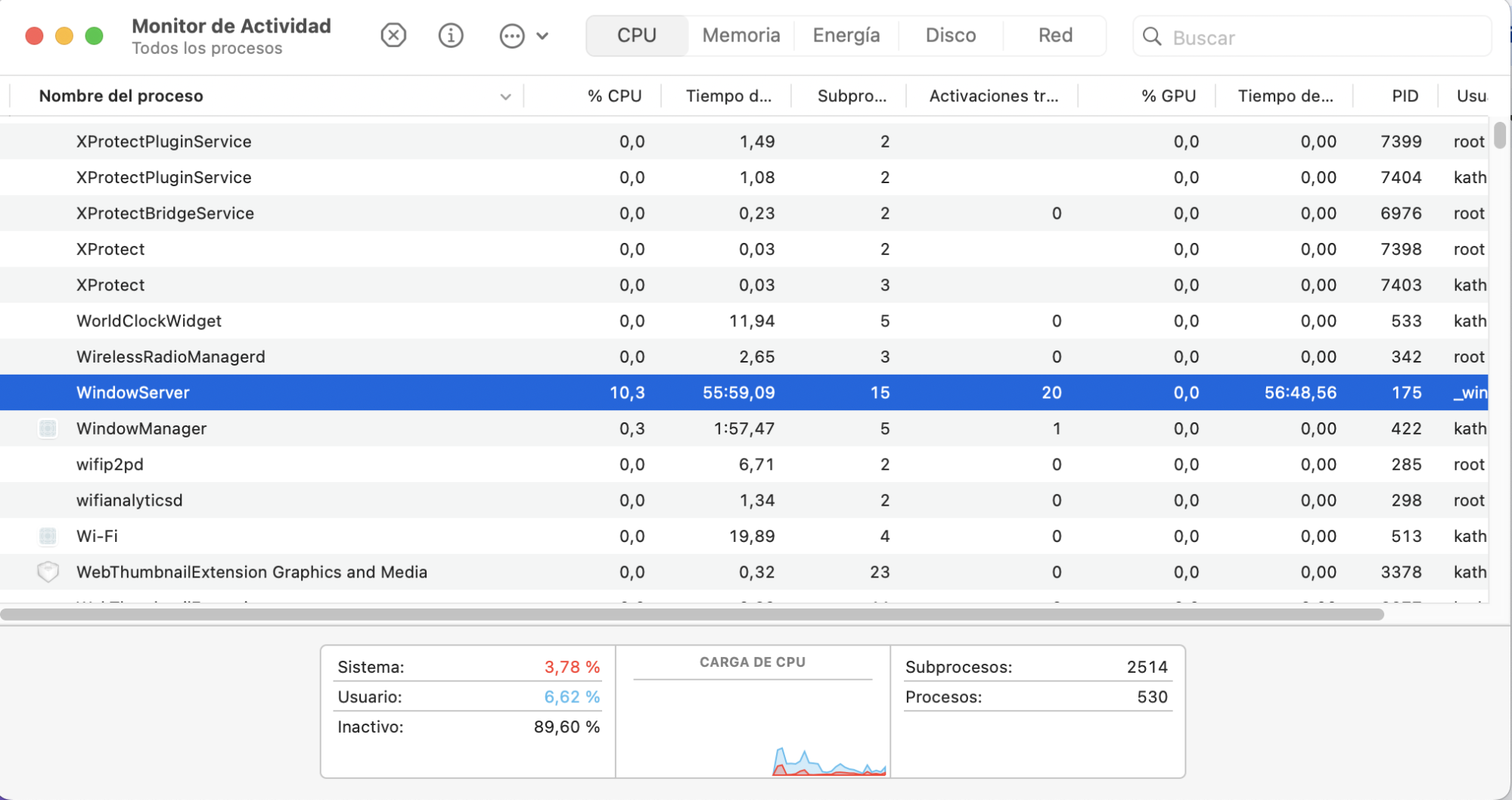 Examina la lista de aplicaciones, prestando atención a las que muestran un uso inusualmente alto de CPU o memoria. Si alguna aplicación resulta preocupante, puedes hacer clic en X para cerrarla y eliminarla del Finder si sospechas de malware o virus.