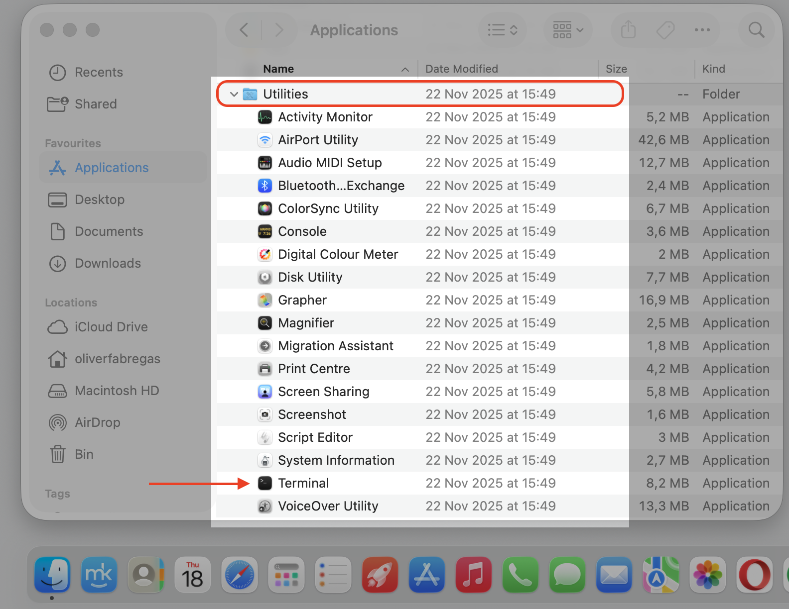 Finder Applications on a Mac, expanding the Utilities folder and selecting the Terminal app to sync time in macOS Tahoe.