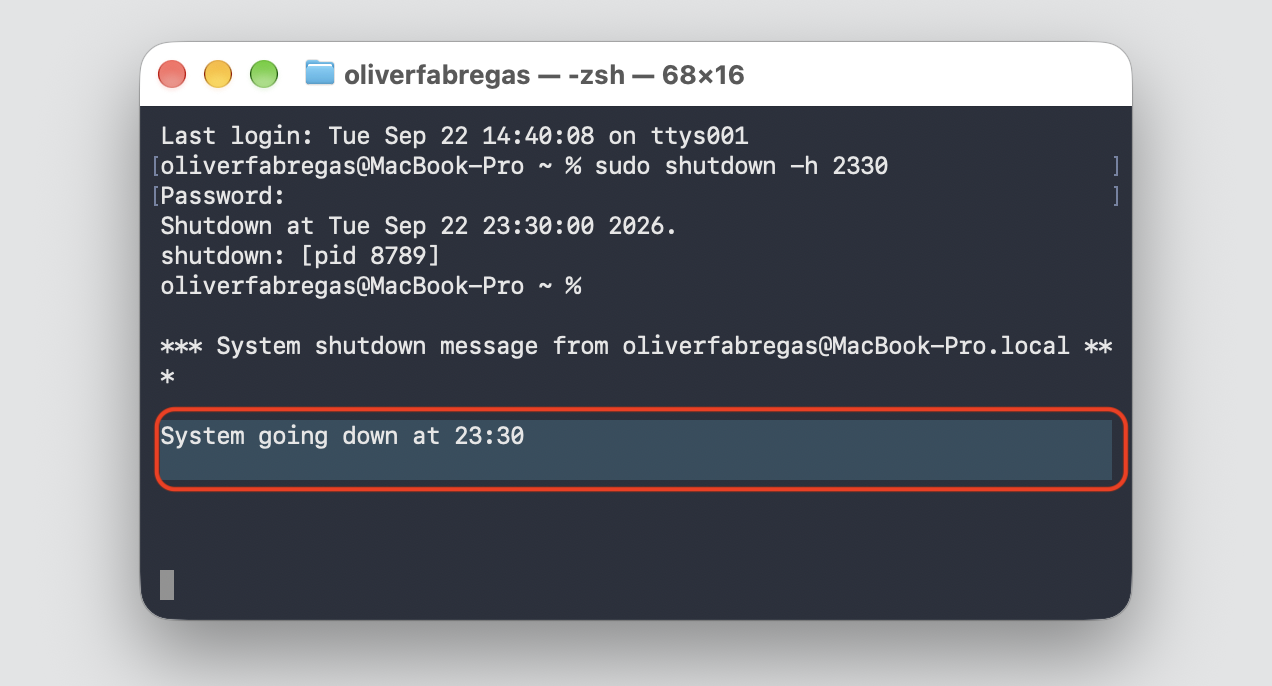 Terminal on macOS showing the scheduled shutdown confirmation, with System going down at 23:30 highlighted after the sudo shutdown command runs.