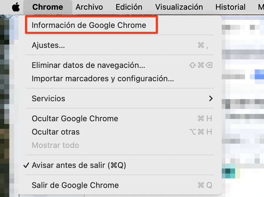 Selecciona la pestaña Información de Google Chrome y, si aparece, haz clic en Actualizar Google Chrome.