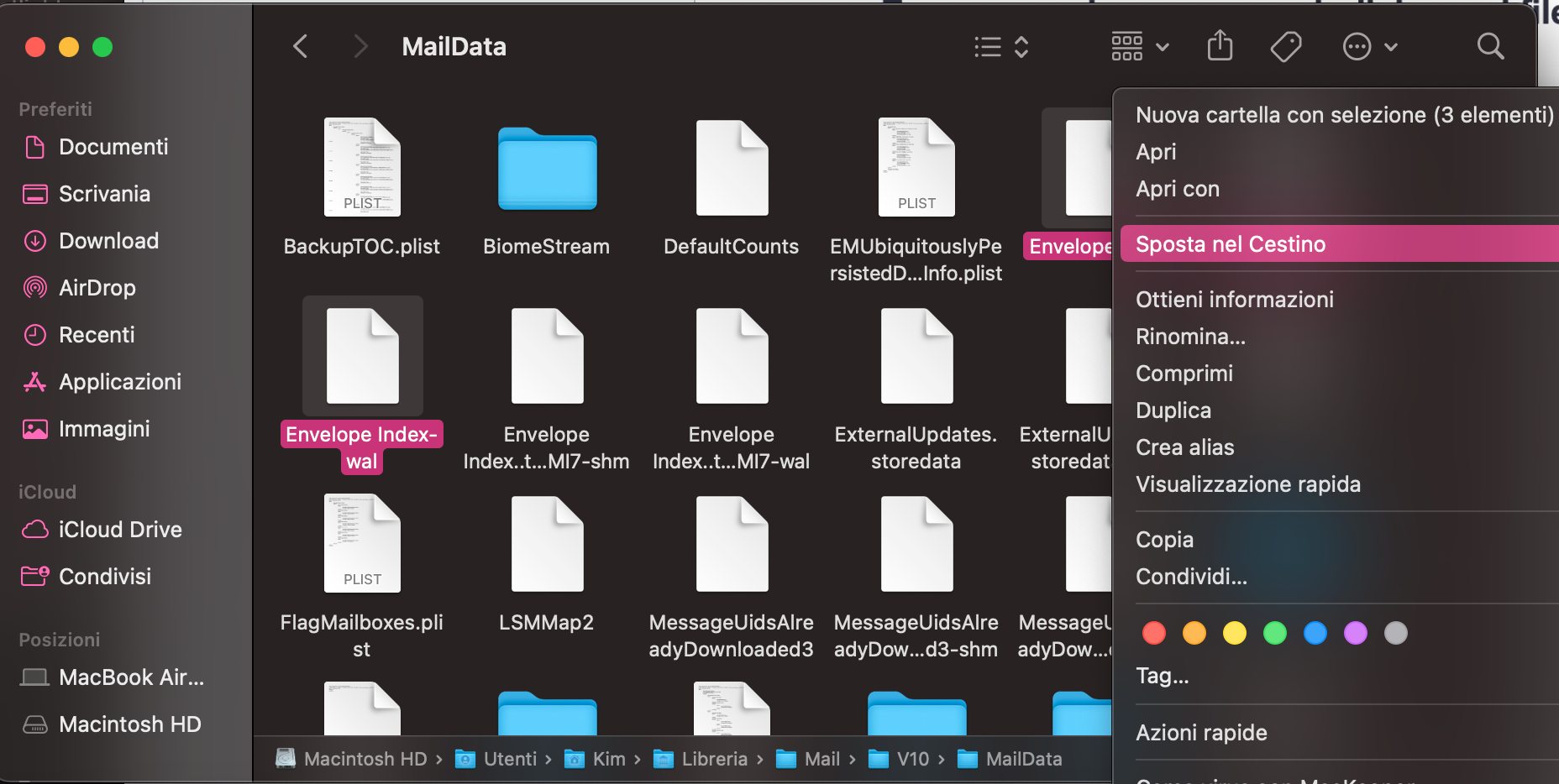 Una volta trovati i file o le cartelle chiamati Envelope Index, selezionali e fai clic su Sposta nel Cestino. Poi riapri Mail per permettere la reindicizzazione dei messaggi.