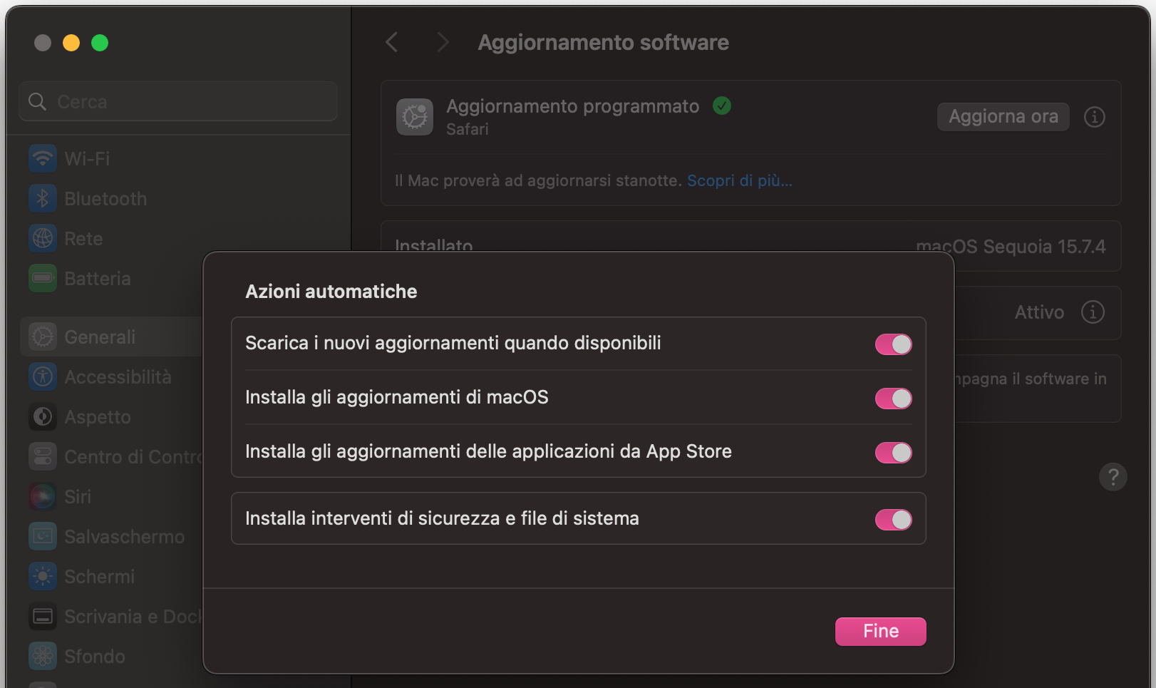 Per evitare che il software del Mac diventi obsoleto in futuro, attiva gli aggiornamenti automatici sul dispositivo. Per farlo, vai alla scheda Aggiornamenti automatici nella parte superiore di Impostazioni di Sistema.
