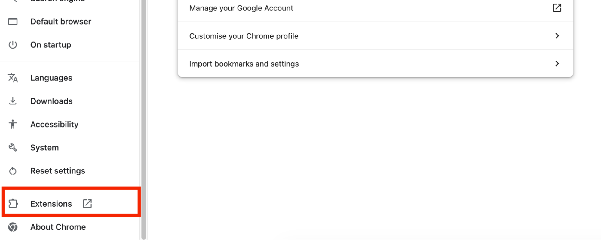 If you want to remove an extension from Chrome on Mac, start by opening the browser's settings, then open the 'Extensions' section.