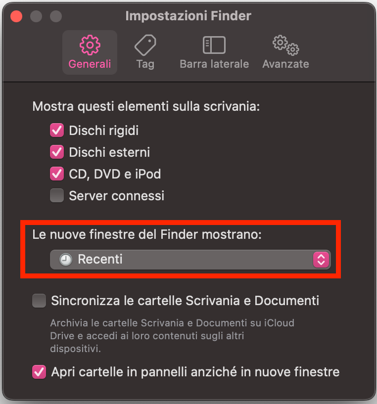 Nelle Impostazioni di Finder nella scheda Generali, apri il menu a discesa Le nuove finestre del Finder mostrano: e scegli una cartella diversa da Recenti.