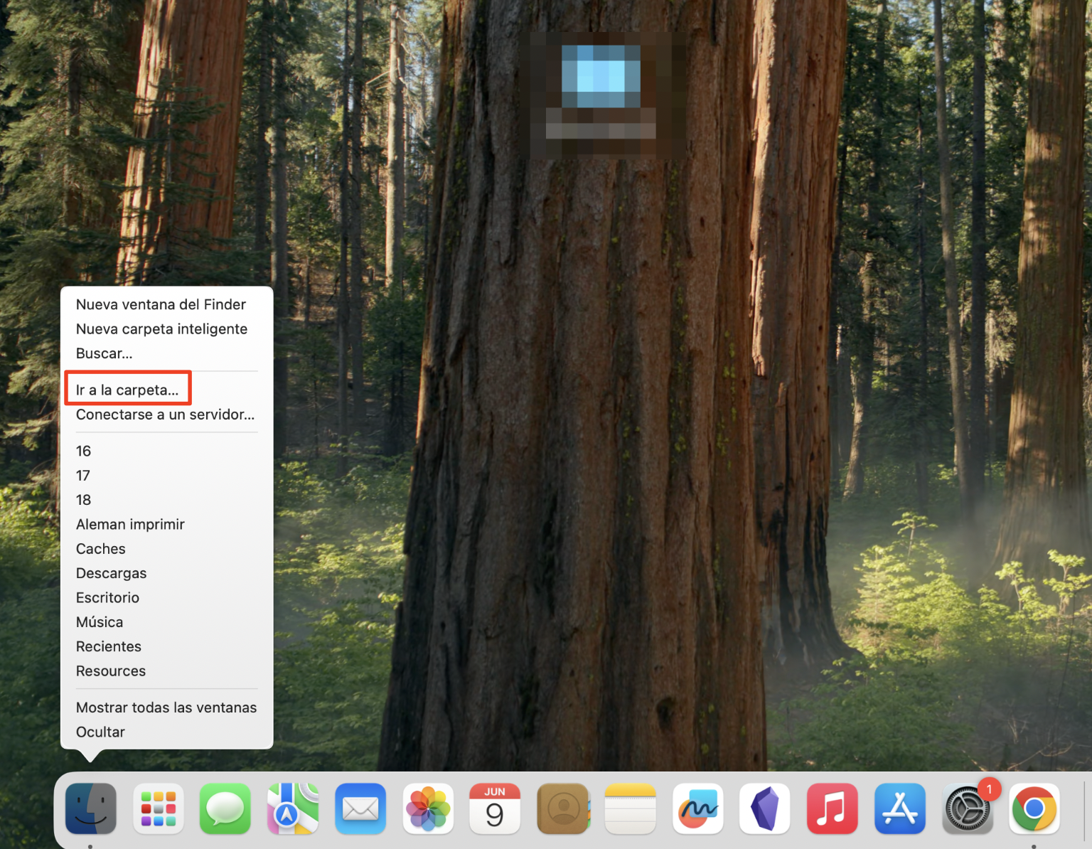La opción Ir a la carpeta aparece resaltada en rojo en el menú emergente del Finder en el Dock.