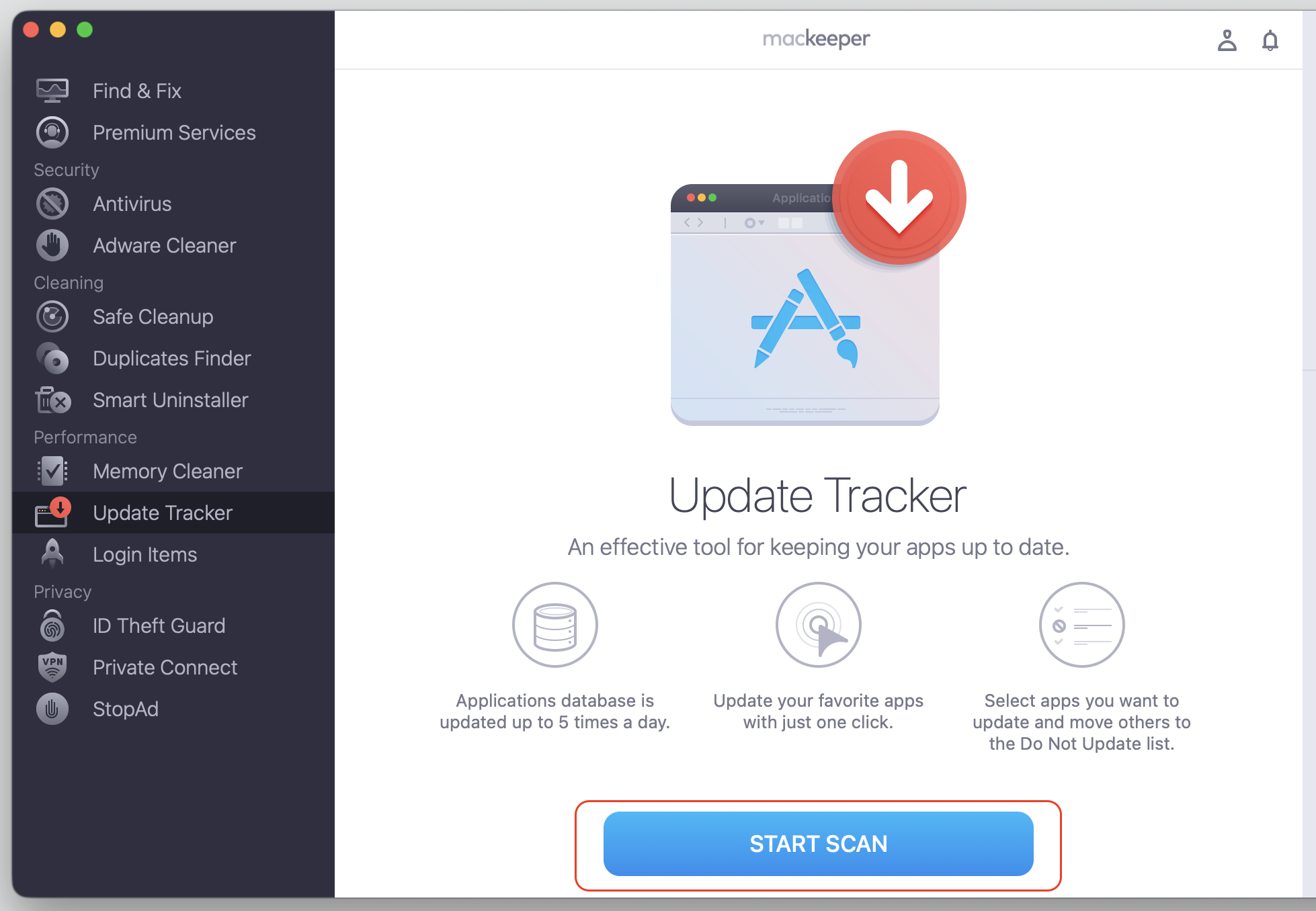 MacKeeper app window on macOS with Update Tracker selected in the sidebar, the first step to update apps on your MacBook in one place.