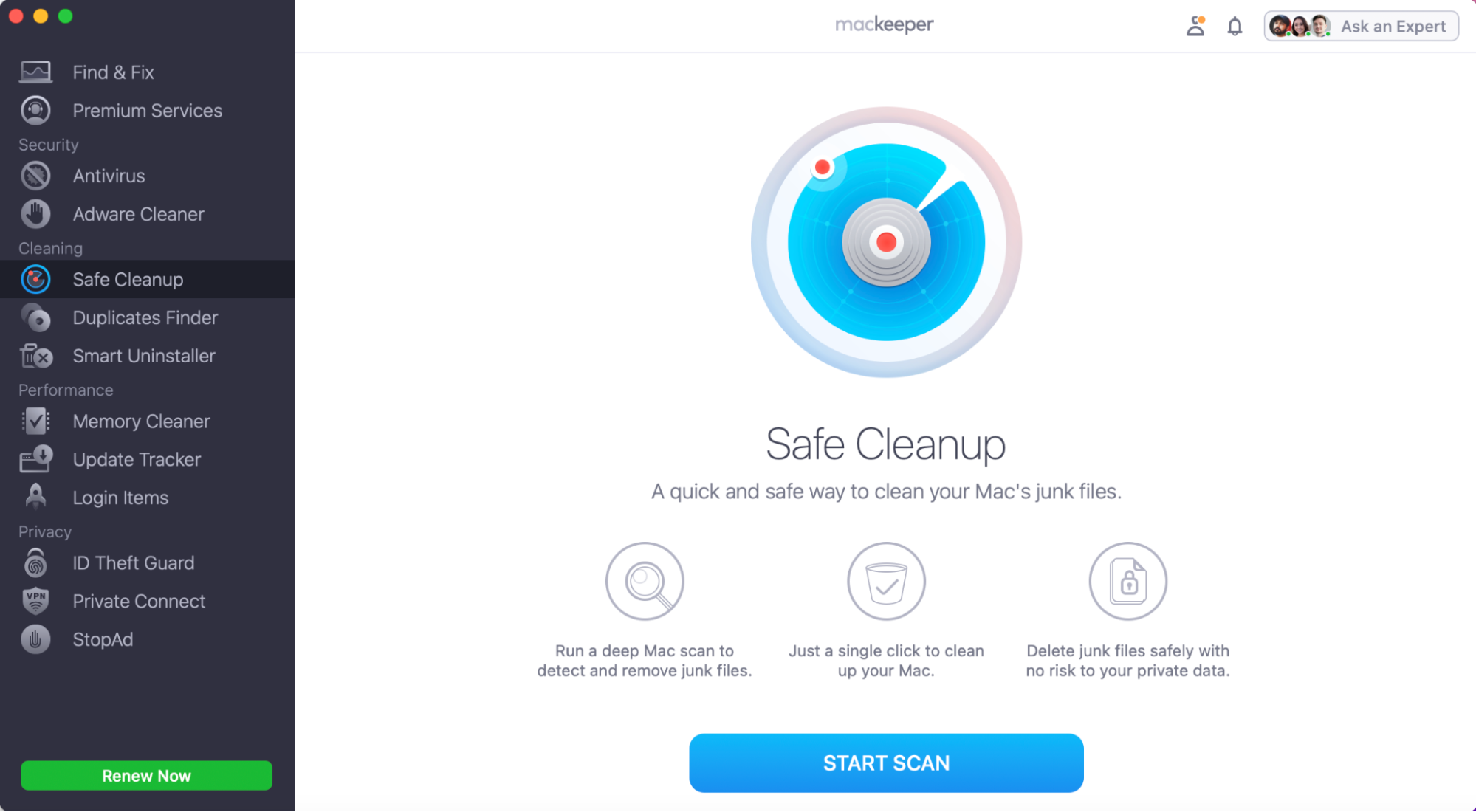 To improve the stability of your Mac, and avoid glitches when trying or retrieving lost data with undo, we recommend keeping your decluve celan of junk. Open the MacKeeper app, go to Safe Cleanup, and click on Start Scan.