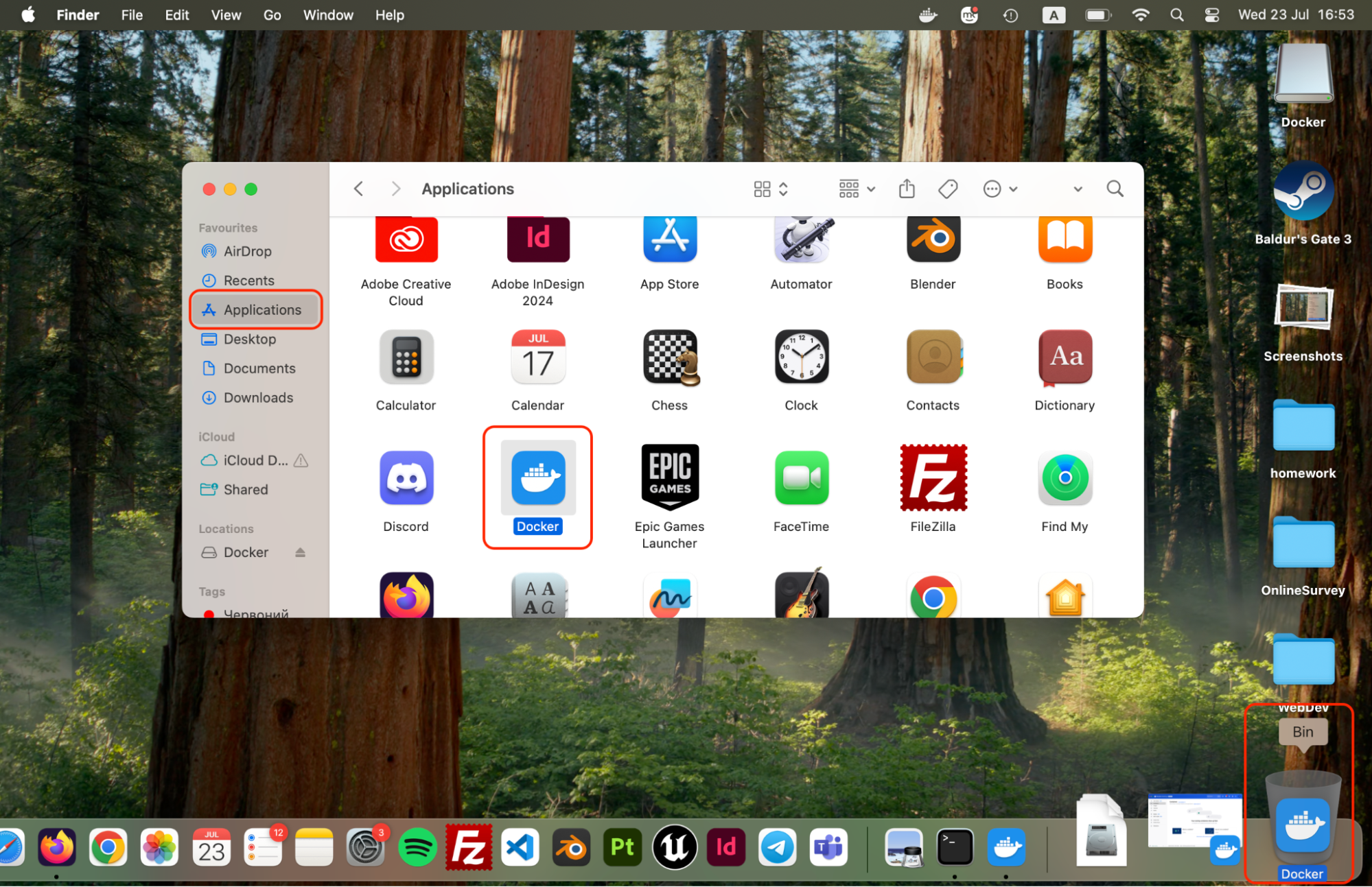 Open Finder, go to Applications, and drag the Docker app to the Bin to uninstall it from your Mac.