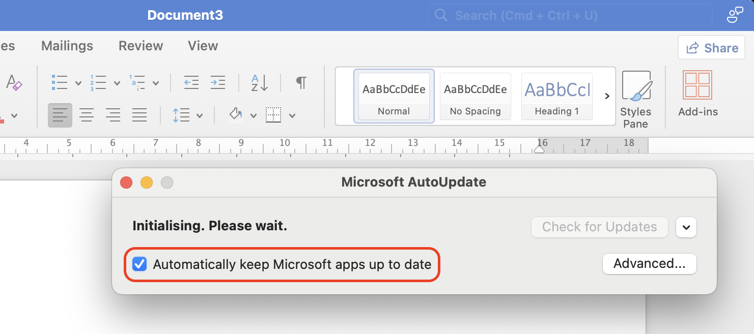 When the Microsoft AutoUpdate tool opens, choose Automatically Download and Install to keep Word up to date without manual checks.