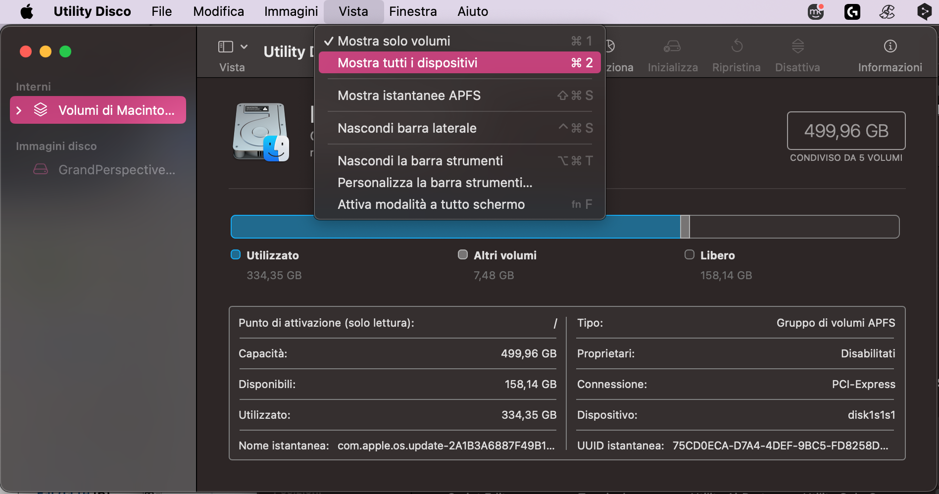 Utility Disco su Mac mostra il menu Vista. Clicca Mostra tutti i dispositivi per visualizzare il disco di avvio del Mac in modo da poterlo riparare.