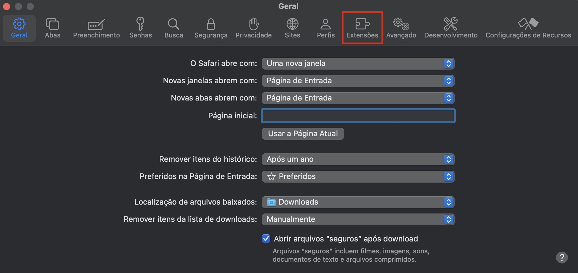 Para continuar excluindo as extensões desnecessárias no seu computador Apple, nos Ajustes do Safari, encontre a aba General e o ícone Extensões e clique nele.