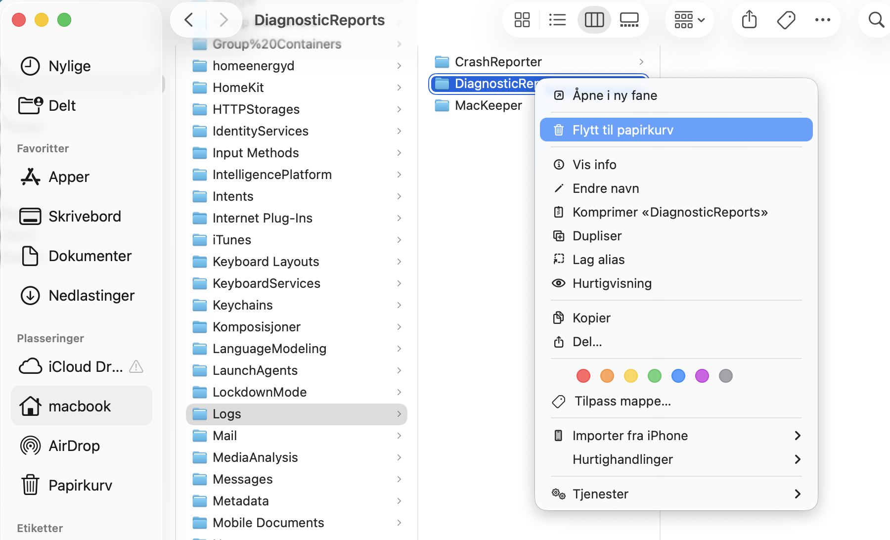 Når du er i «Log»-mappen på Macen din, ser du etter mapper du trygt kan slette. Send dem til papirkurven, og tøm den deretter etterpå.