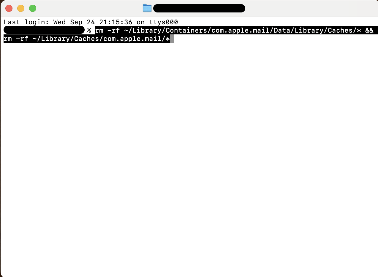 Enter rm -rf ~/Library/Containers/com.apple.mail/Data/Library/Caches/* && rm -rf ~/Library/Caches/com.apple.mail/* in Terminal and press Return to remove all Mail cache files safely.