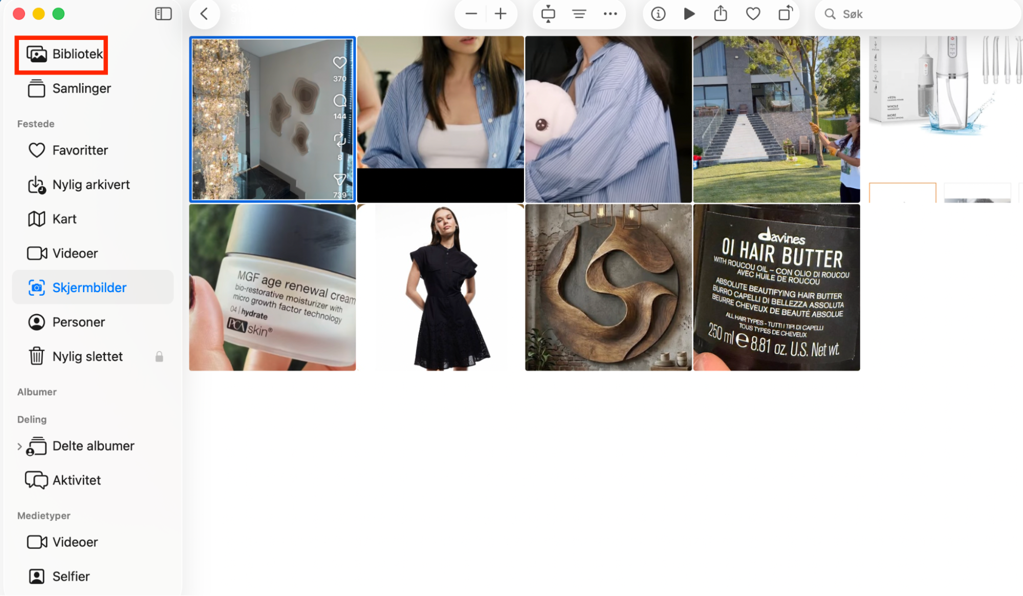 Bibliotek-delen inne i appen Bilder på Mac. Fjern uønskede bilder og videoer fra datamaskinen din for å frigjøre plass på Mac.