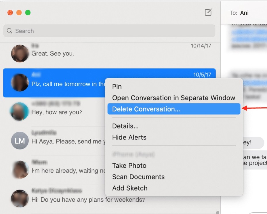 The quickest way to manually remove whole conversations is to go to your Message app. Look through old or unwanted chats, right-click, and press Delete Conversations. This should free up some much-needed space.
