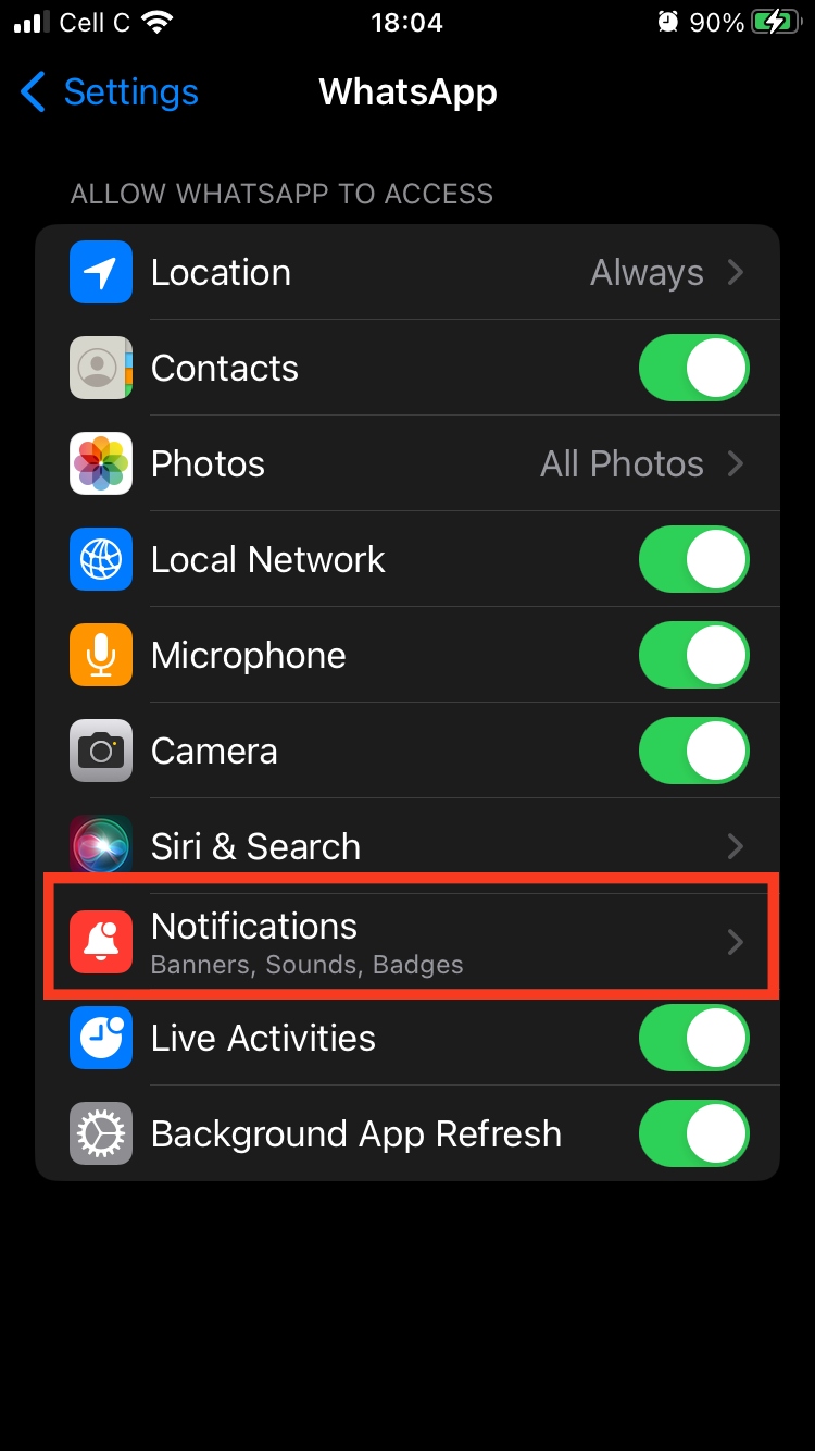 An app’s settings are opened on an iPhone device. Tap the Notifications option to manage and mute notifications for specific apps.