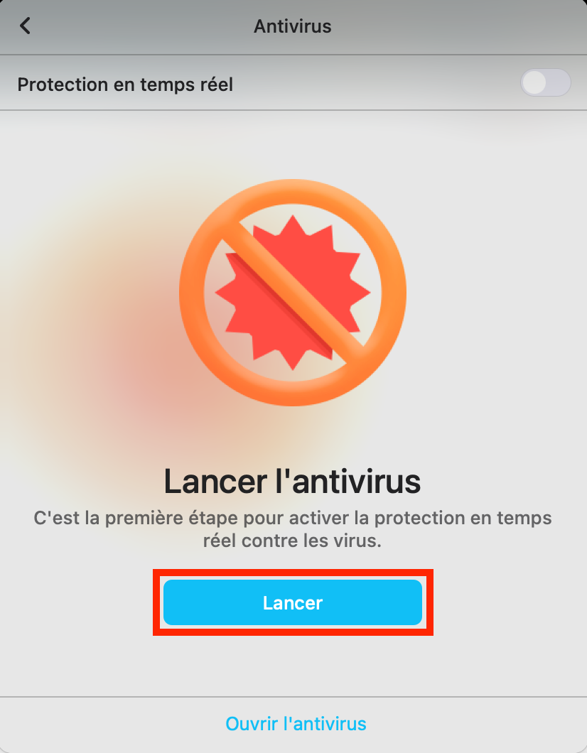 L’Antivirus de MacKeeper. Le bouton Lancer est mis en surbrillance pour activer la protection antivirus en temps réel. Guide pour bloquer les fausses alertes McAfee sur Mac.