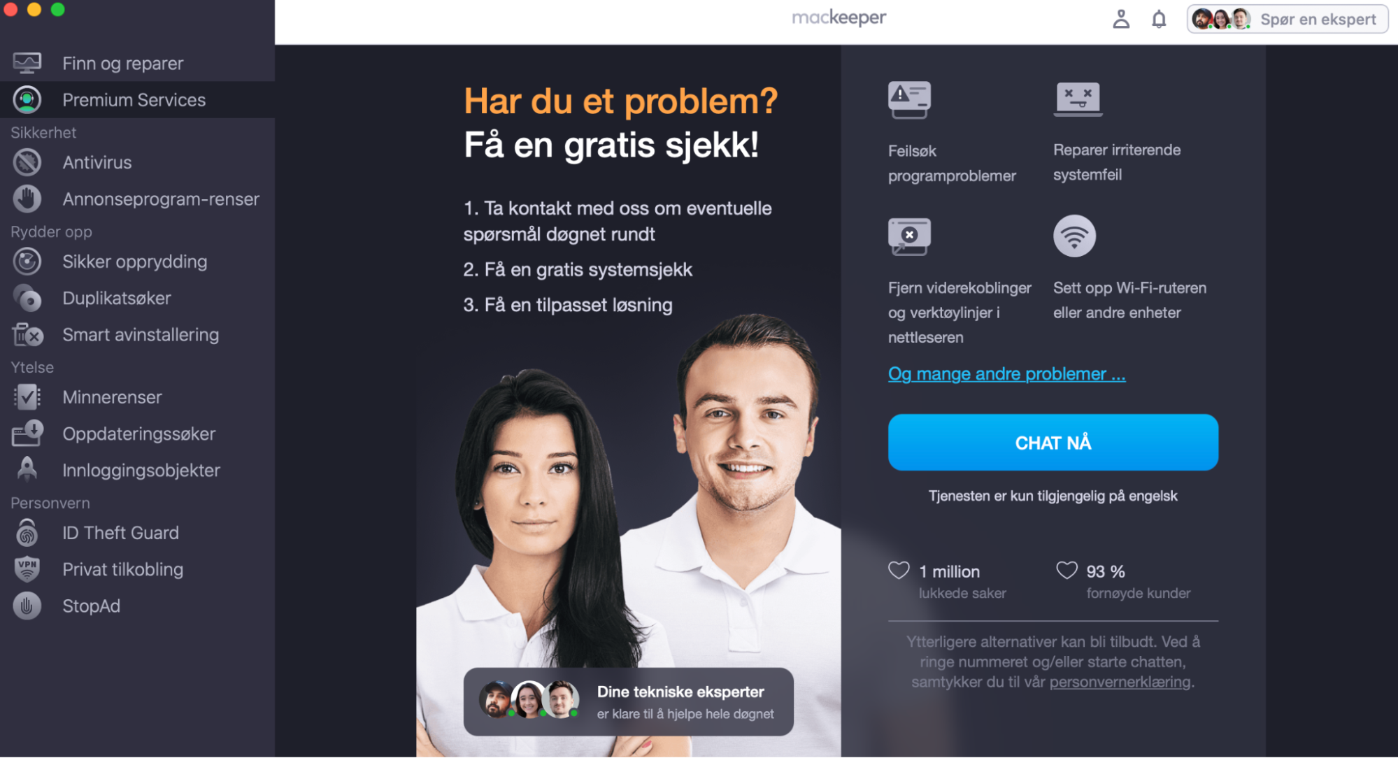 Nå kan du klikke på knappen Chat nå, som åpner en chattemeny du kan bruke til å chatte med en av våre 150 tekniske eksperter for å løse problemer med treghet eller frysing på Macen din.