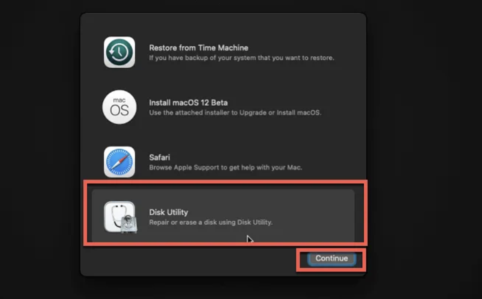 Next, you’ll need to click on Disk Utility and then press continue. From here, you’ll be able to click on the option to erase your Mac’s internal disk for a fresh Mac Ventura installation.