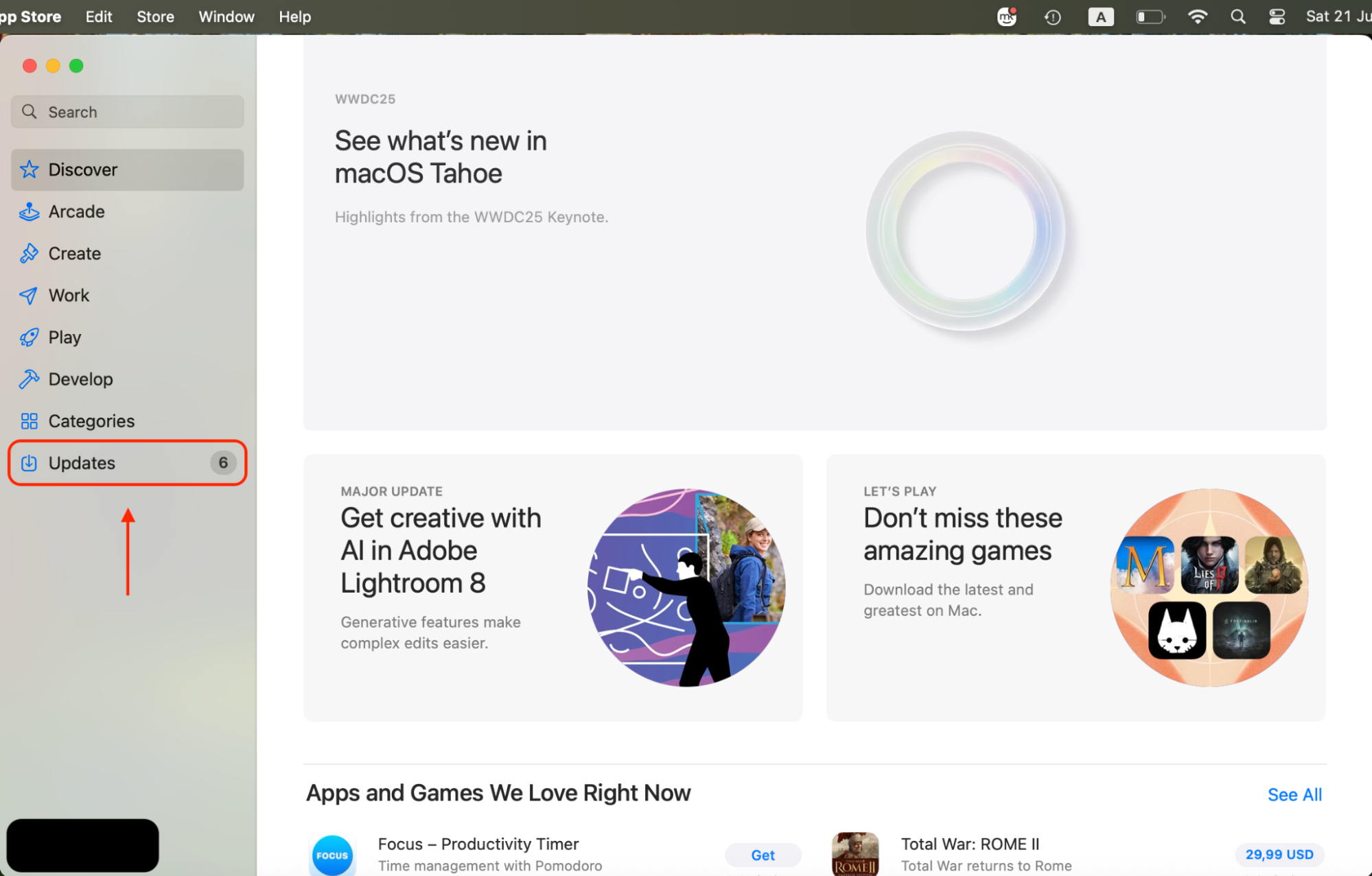 Click Updates in the left sidebar of the App Store to view available software updates, including any pending updates for Microsoft Word.