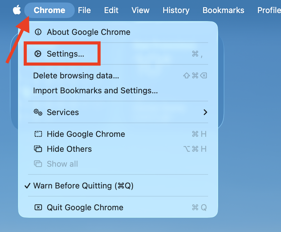 The Google Chrome options in the Mac menu bar. After learning how to get Google Chrome on Mac, go to Settings to make it the default browser.