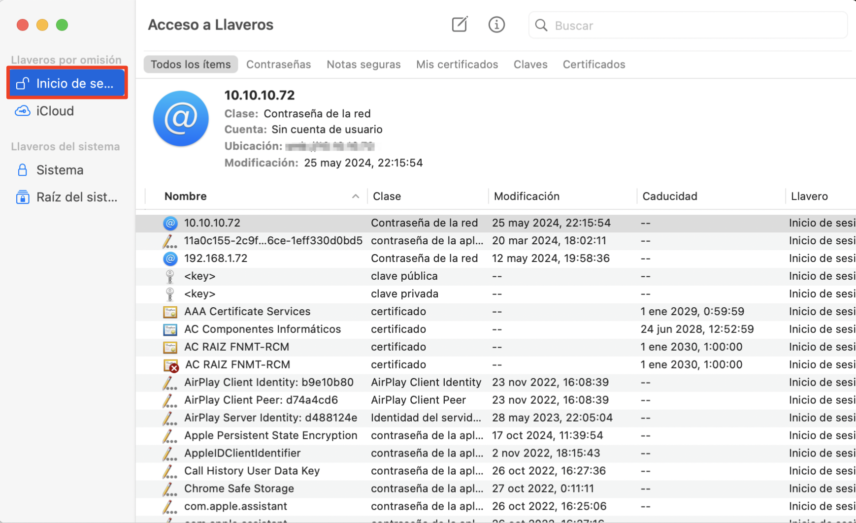 Acceso a llaveros en un Mac, con el llavero de inicio de sesión seleccionado en la barra lateral. Cómo arreglar Servicio de Cuentas quiere usar el llavero de inicio de sesión.