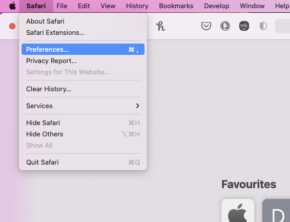 Opening Safari preferences.