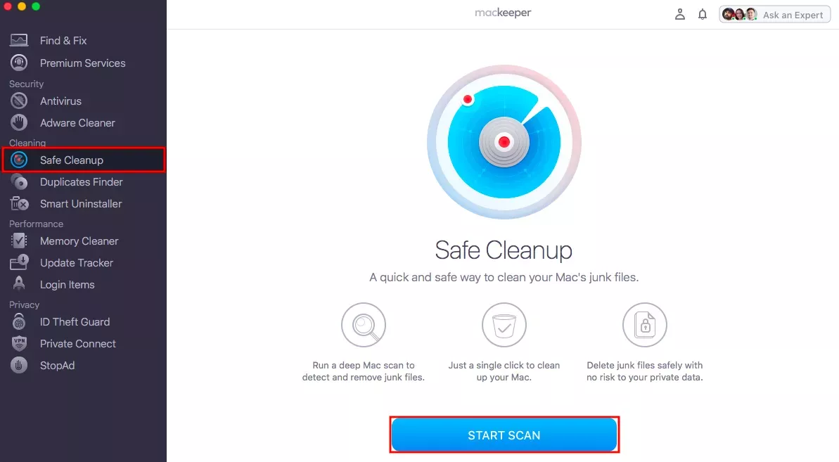 The MacKeeper window displays various options, showing the Safe Cleanup feature selection to begin the process to clear cache on macOS Catalina