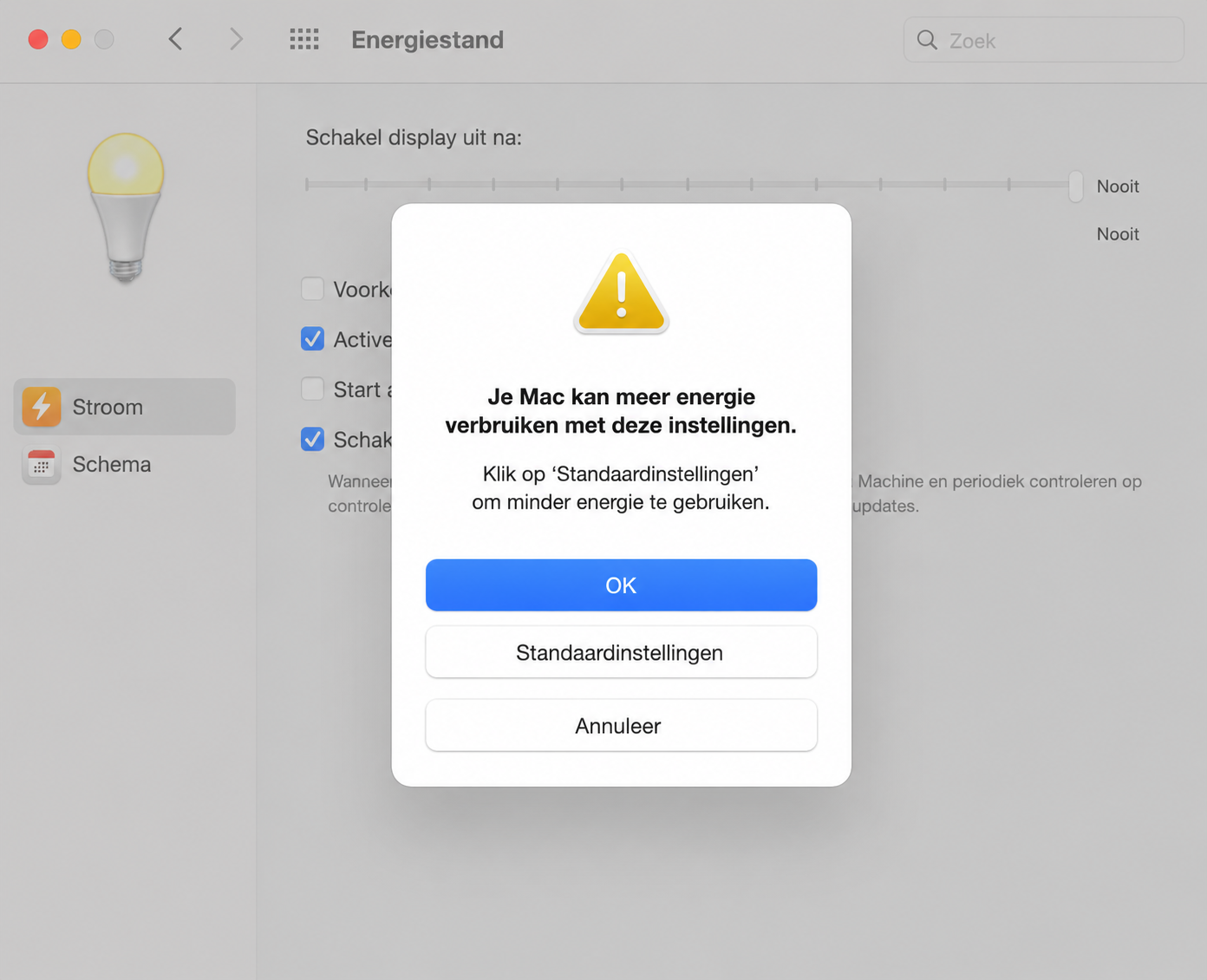 Mogelijk zie je een waarschuwing dat je Mac meer energie gebruikt wanneer je de schermslaapstand uitschakelt. Klik op de knop 'OK' om door te gaan.