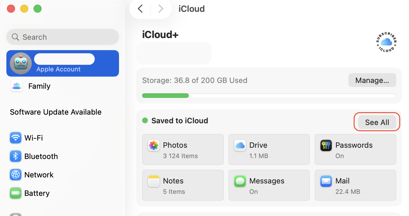 Choosing the See All option in the iCloud apps panel of System Settings on a MacBook to find Shortcuts and reduce backgroundshortcutrunner CPU.