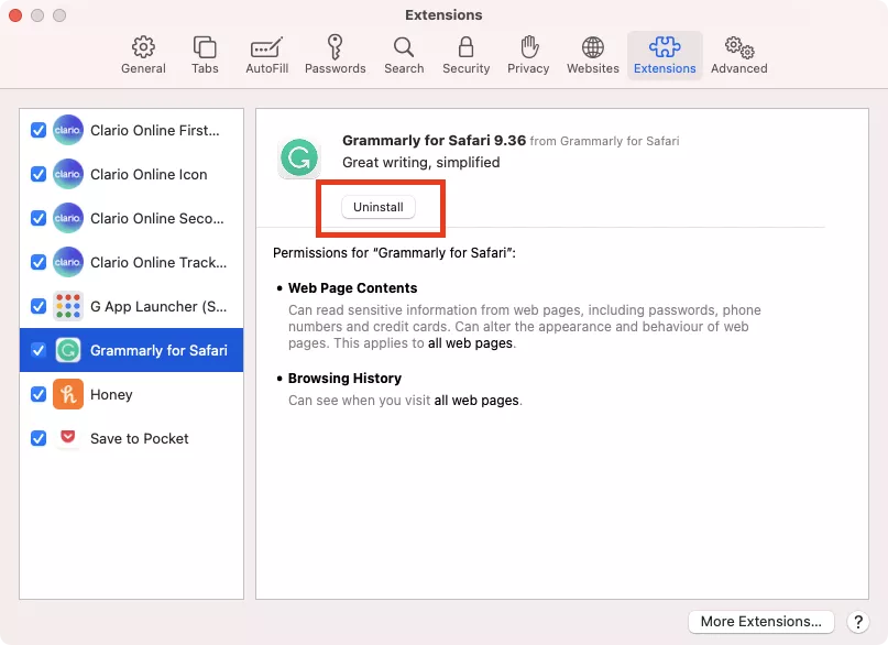 safari preferences uninstall extension