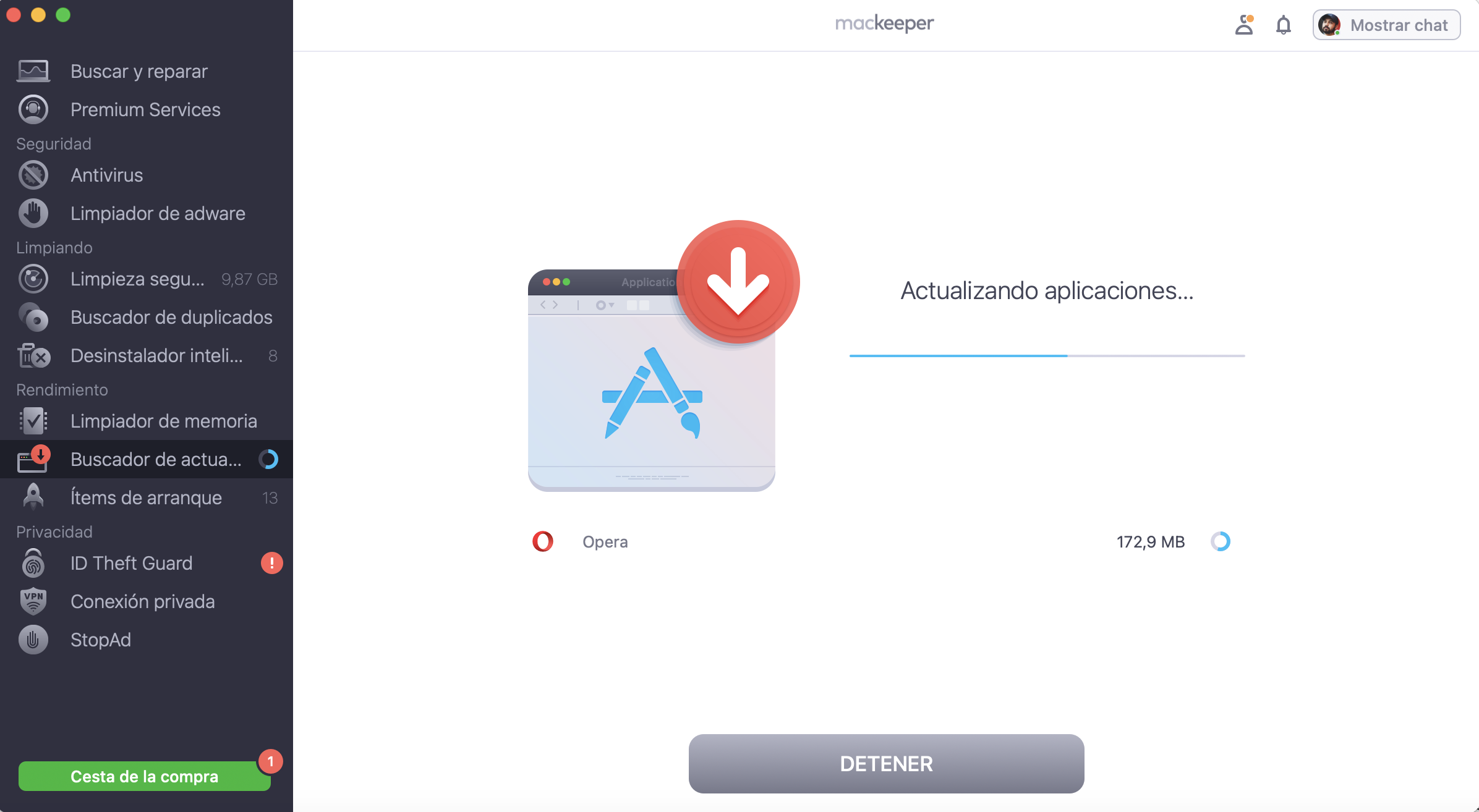 La ventana renovada del Buscador de actualizaciones muestra el proceso de escaneado en la aplicación MacKeeper, que indicará al usuario las actualizaciones de software necesarias.
