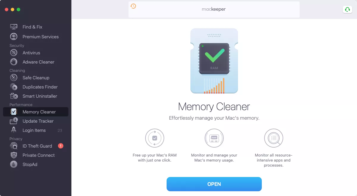 Open Memory Cleaner to clean RAM