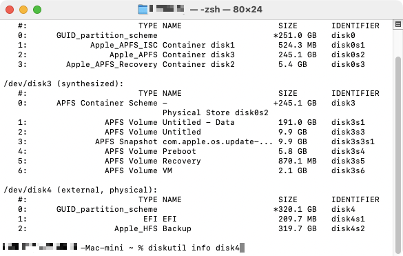 Now enter the command 'diskutil info disk_', replacing the underscore with the number of your external hard drive. Now enter the command 'diskutil info disk_', replacing the underscore with the number of your external hard drive.