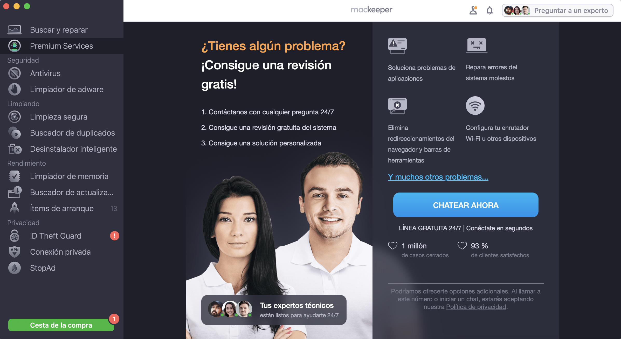 En la ventana de MacKeeper, se muestra el menú lateral con la opción Premium Services, indicando que debes descargar e instalar la aplicación y luego acceder a esa sección.