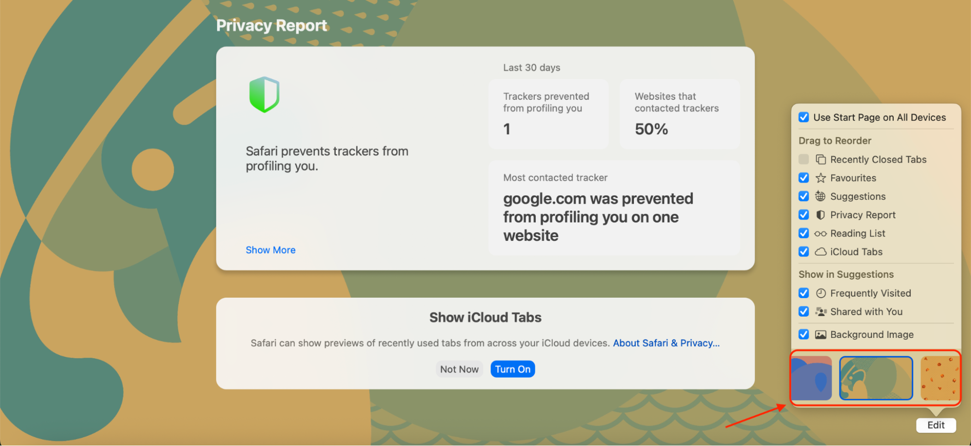 Choose from Apple's preset background images by clicking on one—your selection will be applied to the Safari Start Page immediately.
