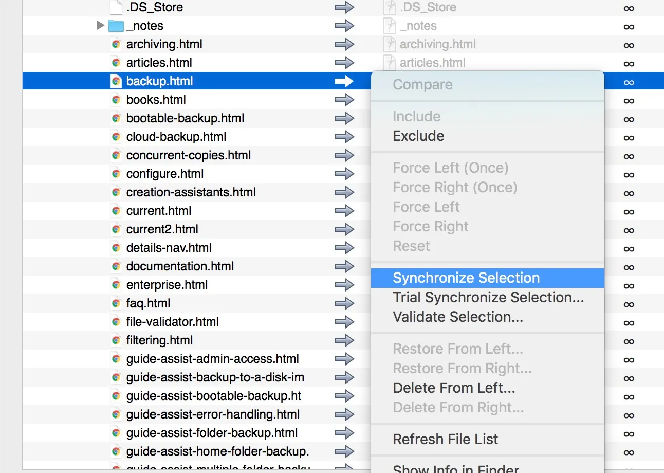 Open ChronoSync and create a new synchronizer document, then set your source and destination folders to define how the backup task will run.