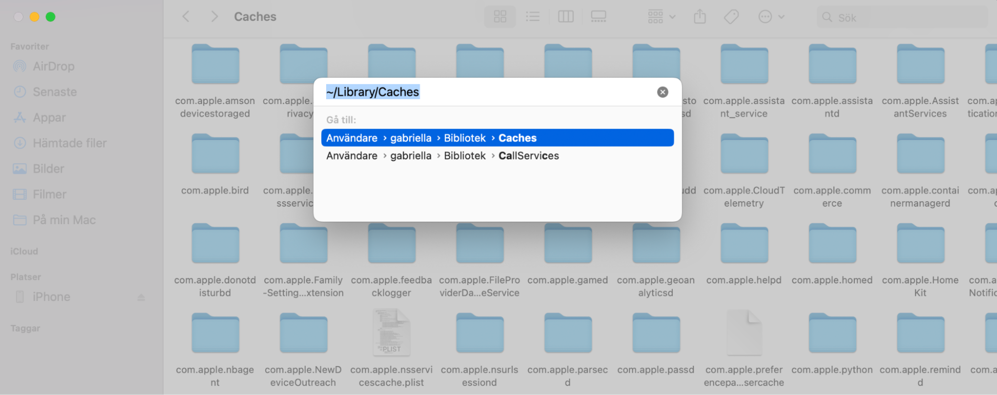 Sökrutan för Gå till mapp i Finder på Mac. Om din Macs startskiva är full kan du använda Finder för att ta bort gamla systemloggar och frigöra utrymme.