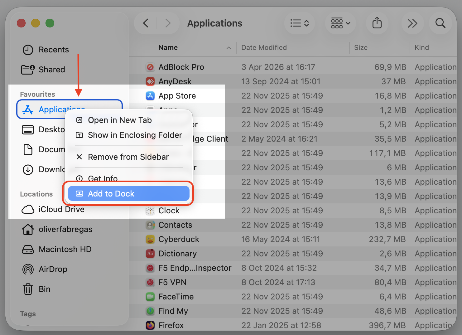 A Finder window on macOS Tahoe with Applications control-clicked and the Add to Dock option highlighted to restore Launchpad on a Mac.