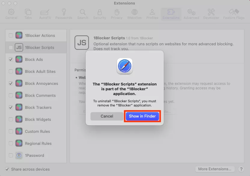 The Safari settings menu prompting the user to show an extension in Finder. Click the Show in Finder button to find and remove any extensions that are infected with macOS Bundlore.